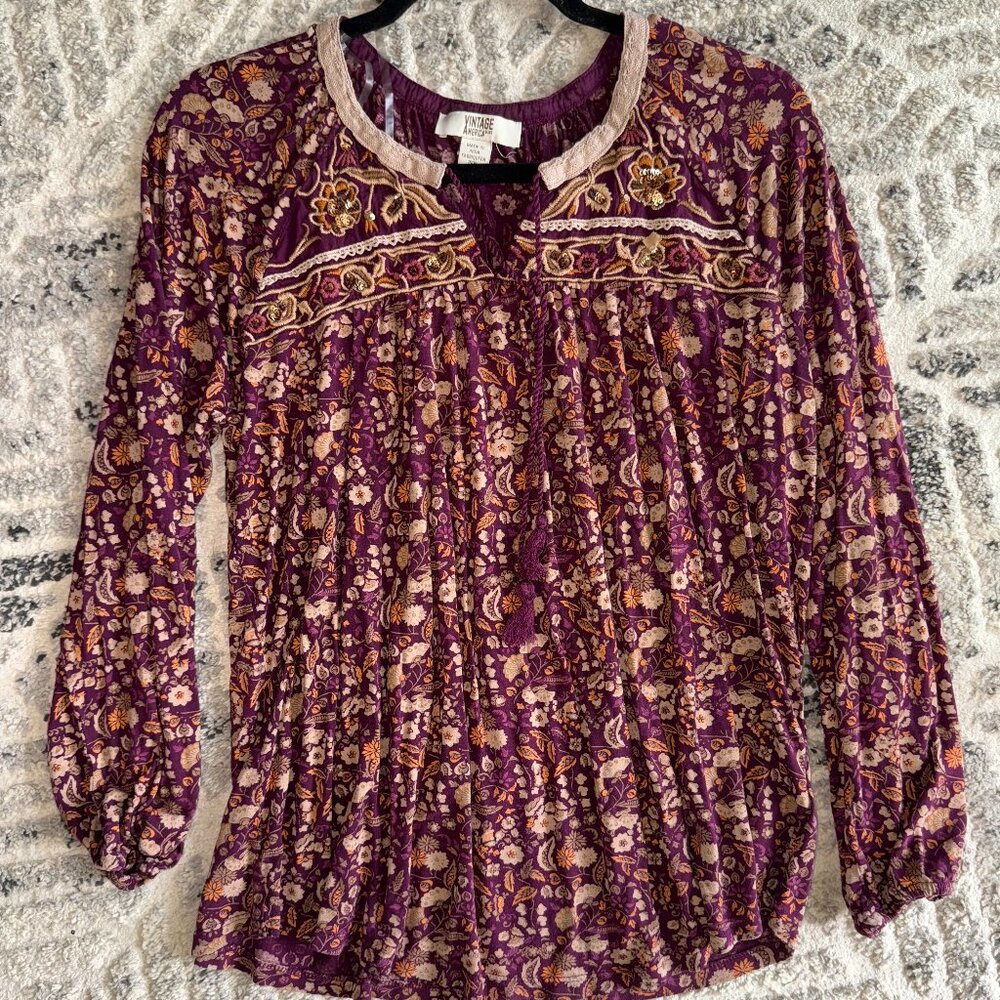 Vintage America India Purple Floral Paisley Babydoll Peasant Cottagecore Blouse - Picture 2 of 8